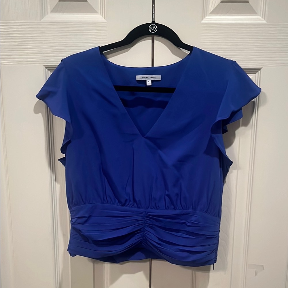 Naked Zebra Blue V-Neck Blouse with Cap Sleeves and Ruched Waist